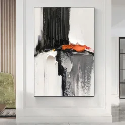 Oil Painting hand painted Black and White 3D Texture Abstract Painting Large Minimalist Abstract painting Wall Art Orange Texture Painting Black and White Minimalist Painting