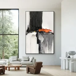 Oil Painting hand painted Black and White 3D Texture Abstract Painting Large Minimalist Abstract painting Wall Art Orange Texture Painting Black and White Minimalist Painting