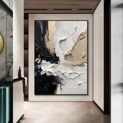 Oil Painting hand painted Black and White 3D Texture Abstract Painting Large Minimalist Abstract painting Wall Art Orange Texture Painting Black and White Minimalist Painting