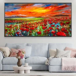 Oil painting hand painted Poppy Field Painting ArtWork handmade Wildflowers Oil Painting Landscape Red Poppies oil Painting for living room bedroom hotel wall home decoration