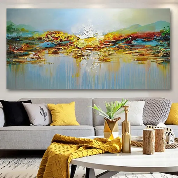 Oil Painting Handmade Hand Painted Wall Art Mountain Lake Landscape Home Decoration Décor Stretched Frame Ready to Hang