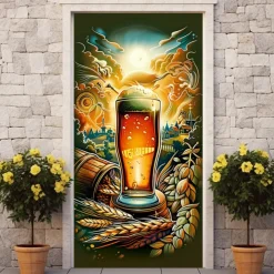 Oktoberfest Beer Barrel Door Covers Door Tapestry Door Curtain Decoration Backdrop Door Banner for Front Door Farmhouse Holiday Party Decor Supplies