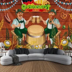 Oktoberfest German Bavarian Hanging Tapestry Pretzel Beer Bratwurst Wall Art Blue White Plaid Large Tapestry Mural Decor Photograph Backdrop Festival