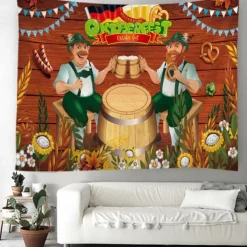 Oktoberfest German Bavarian Hanging Tapestry Pretzel Beer Bratwurst Wall Art Blue White Plaid Large Tapestry Mural Decor Photograph Backdrop Festival