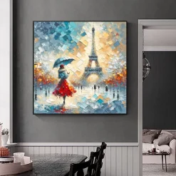 Original Rainy Parisian Elegance Hand Painted Impasto Oil Painting Vibrant Eiffel Tower Street Scene Wall Art Unframed Canvas Painting