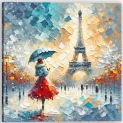 Original Rainy Parisian Elegance Hand Painted Impasto Oil Painting Vibrant Eiffel Tower Street Scene Wall Art Unframed Canvas Painting
