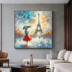 Original Rainy Parisian Elegance Hand Painted Impasto Oil Painting Vibrant Eiffel Tower Street Scene Wall Art Unframed Canvas Painting