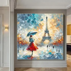 Original Rainy Parisian Elegance Hand Painted Impasto Oil Painting Vibrant Eiffel Tower Street Scene Wall Art Unframed Canvas Painting