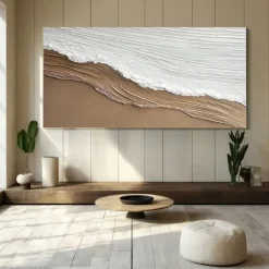 Original White Ocean Wave Art Beach Abstract Painting White Wall Art Brown 3D Texture Painting Brown Beach Wall Art Modern Pastel Room Decor