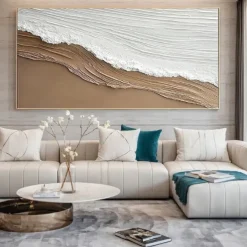 Original White Ocean Wave Art Beach Abstract Painting White Wall Art Brown 3D Texture Painting Brown Beach Wall Art Modern Pastel Room Decor