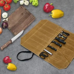 Outdoor Camping Picnic Portable Knife Bag Kitchen Knife Roll Bag Portable Wax Canvas Waterproof Cookware Kitchenware Storage Bag