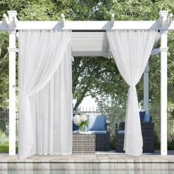 Outdoor Curtain for Patio, White Linen Look Semi-Sheer Curtains Waterproof Light Filtering Voile Outside Grommet Drapes for Pergola Balcony Pool Indoor