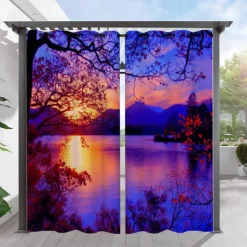 Outdoor Curtains for Patio Waterproof, Grommet Top Curtains with Sunset Landscape Pattern for Pergola/Gazebo/Porch/Cabana/Deck/Pool, 1 Panel