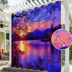 Outdoor Curtains for Patio Waterproof, Grommet Top Curtains with Sunset Landscape Pattern for Pergola/Gazebo/Porch/Cabana/Deck/Pool, 1 Panel