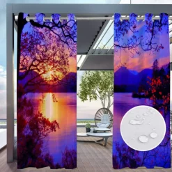 Outdoor Curtains for Patio Waterproof, Grommet Top Curtains with Sunset Landscape Pattern for Pergola/Gazebo/Porch/Cabana/Deck/Pool, 1 Panel