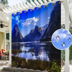 Outdoor Curtains for Patio Waterproof, Grommet Top Curtains with Lake Mountain Pattern for Pergola/Gazebo/Porch/Cabana/Deck/Pool, 1 Panel
