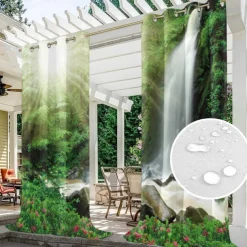 Outdoor Curtains for Patio Waterproof Blackout Outside Deck for Gazebo Pavilion Pergola Arbor Sun Room, 2 Panels, Waterfall River