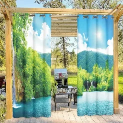 Outdoor Curtains for Patio Waterproof Blackout Outside Deck for Gazebo Pavilion Pergola Arbor Sun Room, 2 Panels, Waterfall River