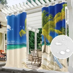Outdoor Curtains Waterproof Windproof Weatherproof Curtain for Patio, Cabana, Porch, Pergola and Gazebo, Grommet Top Drape, 2 Panels Beach Palm