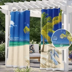 Outdoor Curtains Waterproof Windproof Weatherproof Curtain for Patio, Cabana, Porch, Pergola and Gazebo, Grommet Top Drape, 2 Panels Beach Palm