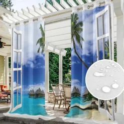 Outdoor Curtains Waterproof Windproof Weatherproof Curtain for Patio, Cabana, Porch, Pergola and Gazebo, Grommet Top Drape, 2 Panels Beach Palm