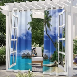 Outdoor Curtains Waterproof Windproof Weatherproof Curtain for Patio, Cabana, Porch, Pergola and Gazebo, Grommet Top Drape, 2 Panels Beach Palm