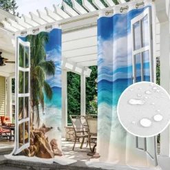 Outdoor Curtains Waterproof Windproof Weatherproof Curtain for Patio, Cabana, Porch, Pergola and Gazebo, Grommet Top Drape, 2 Panels Beach Palm