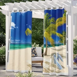 Outdoor Curtains Waterproof Windproof Weatherproof Curtain for Patio, Cabana, Porch, Pergola and Gazebo, Grommet Top Drape, 2 Panels Beach Palm