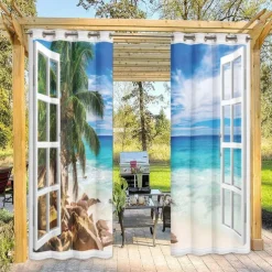 Outdoor Curtains Waterproof Windproof Weatherproof Curtain for Patio, Cabana, Porch, Pergola and Gazebo, Grommet Top Drape, 2 Panels Beach Palm