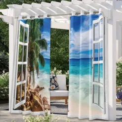 Outdoor Curtains Waterproof Windproof Weatherproof Curtain for Patio, Cabana, Porch, Pergola and Gazebo, Grommet Top Drape, 2 Panels Beach Palm