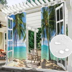 Outdoor Curtains Waterproof Windproof Weatherproof Curtain for Patio, Cabana, Porch, Pergola and Gazebo, Grommet Top Drape, 2 Panels Beach Palm