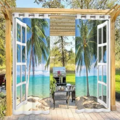 Outdoor Curtains Waterproof Windproof Weatherproof Curtain for Patio, Cabana, Porch, Pergola and Gazebo, Grommet Top Drape, 2 Panels Beach Palm