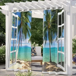 Outdoor Curtains Waterproof Windproof Weatherproof Curtain for Patio, Cabana, Porch, Pergola and Gazebo, Grommet Top Drape, 2 Panels Beach Palm