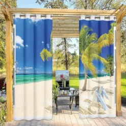 Outdoor Curtains Waterproof Windproof Weatherproof Curtain for Patio, Cabana, Porch, Pergola and Gazebo, Grommet Top Drape, 2 Panels Beach Palm