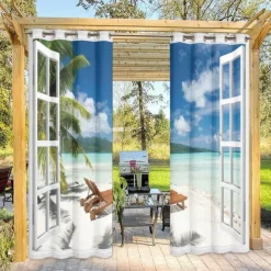 Outdoor Curtains Waterproof Windproof Weatherproof Curtain for Patio, Cabana, Porch, Pergola and Gazebo, Grommet Top Drape, 2 Panels Beach Palm