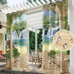 Outdoor Curtains Waterproof Windproof Weatherproof Curtain for Patio, Cabana, Porch, Pergola and Gazebo, Grommet Top Drape, 2 Panels Garden Theme