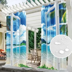 Outdoor Curtains Waterproof Windproof Weatherproof Curtain for Patio, Cabana, Porch, Pergola and Gazebo, Grommet Top Drape, 2 Panels Garden Theme