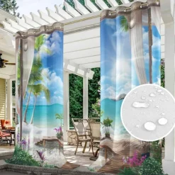 Outdoor Curtains Waterproof Windproof Weatherproof Curtain for Patio, Cabana, Porch, Pergola and Gazebo, Grommet Top Drape, 2 Panels Garden Theme