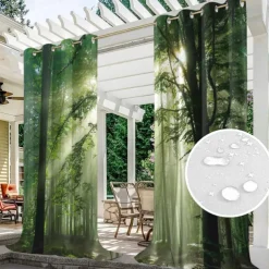 Outdoor Curtains Waterproof Windproof Weatherproof Curtain for Patio, Cabana, Porch, Pergola and Gazebo, Grommet Top Drape, 2 Panels Forest Landscape