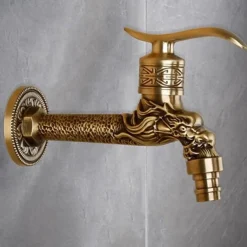 Outdoor Faucet,Single Handle Bathroom Faucet Goldon Dragon Head Wall Mounted One Hole Retro Brass Faucet Body With Cold Water Only