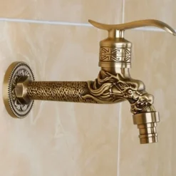 Outdoor Faucet,Single Handle Bathroom Faucet Goldon Dragon Head Wall Mounted One Hole Retro Brass Faucet Body With Cold Water Only