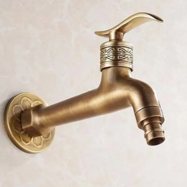 Outdoor Faucet,Wall Mount Antique Brass Faucet,Garden Outdoor Decorative Hose 1/2 inch Connection Spigot Carving Desigh with Cold Water Only