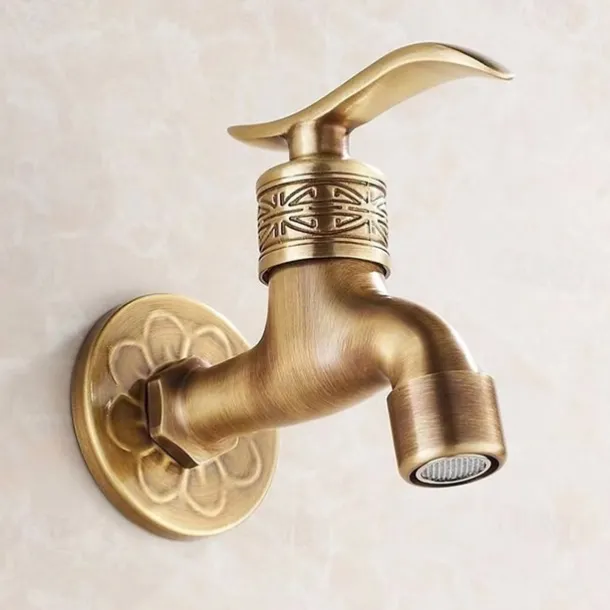 Outdoor Faucet,Wall Mount Antique Brass Faucet,Garden Outdoor Decorative Hose 1/2 inch Connection Spigot Carving Desigh with Cold Water Only