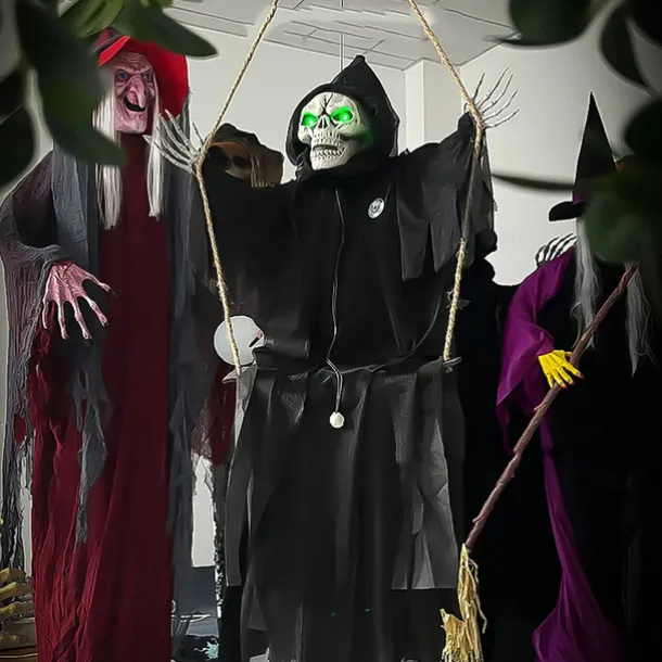 Outdoor Halloween Decor Scary Voice Effects LED Hanging Decor Decorations Outdoor Scary Skeleton with Light Up Eyes Swing Flying for Yard Garden Patio Cute Halloween Decor