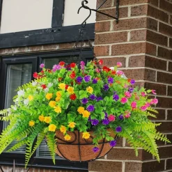 Outdoor Hanging Planter with Artificial Flowers - UV Resistant Rose, Eucalyptus Plants, Faux Plastic Greenery, Gypsophila for Indoor Garden, Porch, Window Box, Home Wedding Deco
