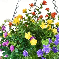 Outdoor Hanging Planter with Artificial Flowers - UV Resistant Rose, Eucalyptus Plants, Faux Plastic Greenery, Gypsophila for Indoor Garden, Porch, Window Box, Home Wedding Deco