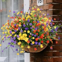 Outdoor Hanging Planter with Artificial Flowers - UV Resistant Rose, Eucalyptus Plants, Faux Plastic Greenery, Gypsophila for Indoor Garden, Porch, Window Box, Home Wedding Deco