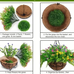 Outdoor Hanging Planter with Artificial Flowers - UV Resistant Rose, Eucalyptus Plants, Faux Plastic Greenery, Gypsophila for Indoor Garden, Porch, Window Box, Home Wedding Deco