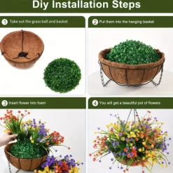 Outdoor Hanging Planter with Artificial Flowers - UV Resistant Rose, Eucalyptus Plants, Faux Plastic Greenery, Gypsophila for Indoor Garden, Porch, Window Box, Home Wedding Deco