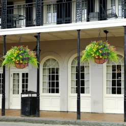 Outdoor Hanging Planter with Artificial Flowers - UV Resistant Rose, Eucalyptus Plants, Faux Plastic Greenery, Gypsophila for Indoor Garden, Porch, Window Box, Home Wedding Deco